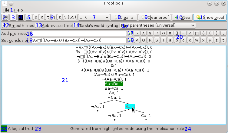 Annotated screenshot of the interface of ProofTools 0.5 beta